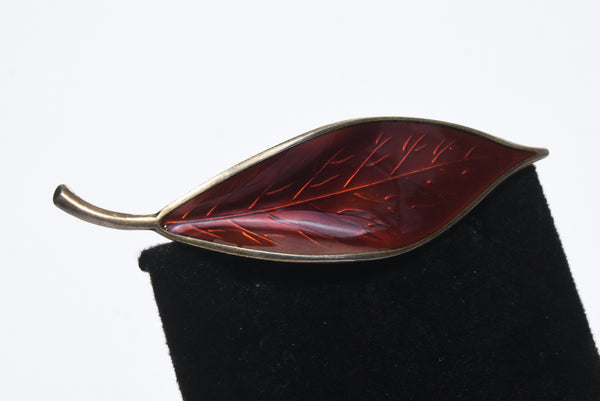 David Andersen - Vintage Sterling Silver Guilloche Enamel Red Leaf Brooch