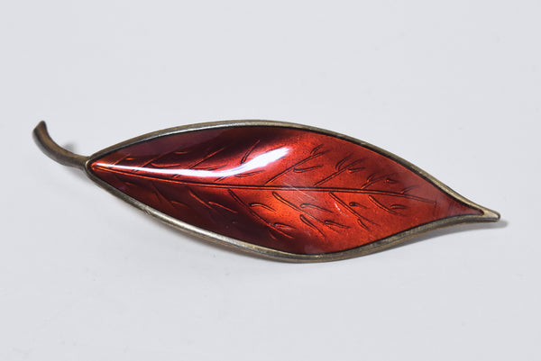 David Andersen - Vintage Sterling Silver Guilloche Enamel Red Leaf Brooch