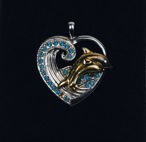 Sterling Silver and Gold Tone Diamond Dolphin Heart Pendant