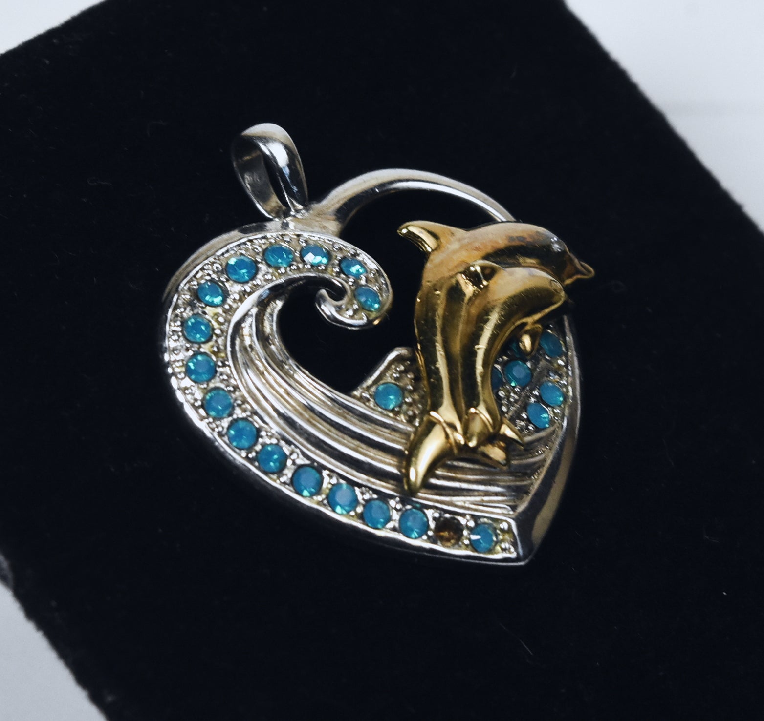 Sterling Silver and Gold Tone Diamond Dolphin Heart Pendant