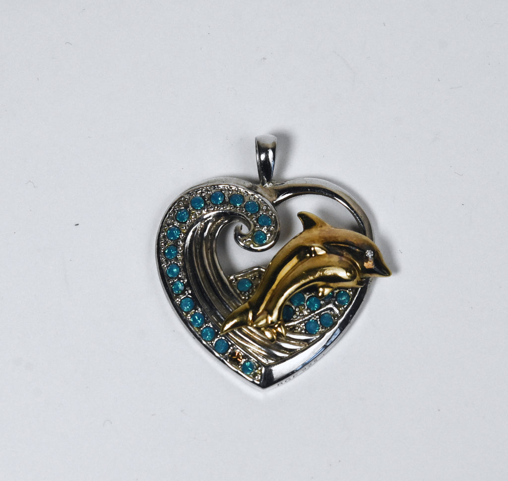 Sterling Silver and Gold Tone Diamond Dolphin Heart Pendant