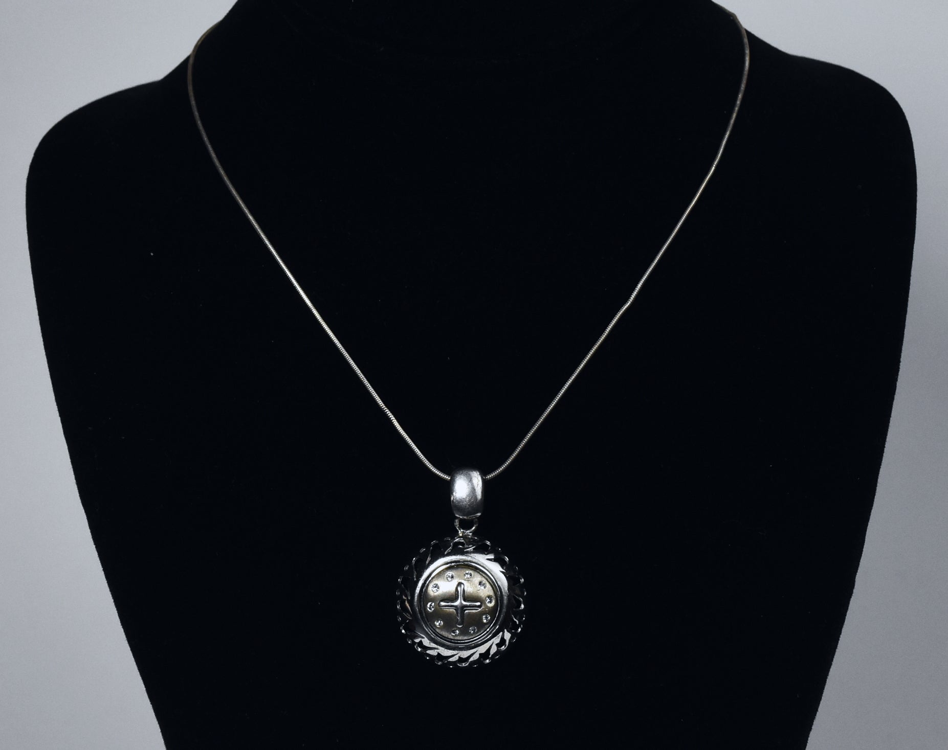 Silver Italian Domed Cross Pendant on Sterling Silver Chain Necklace