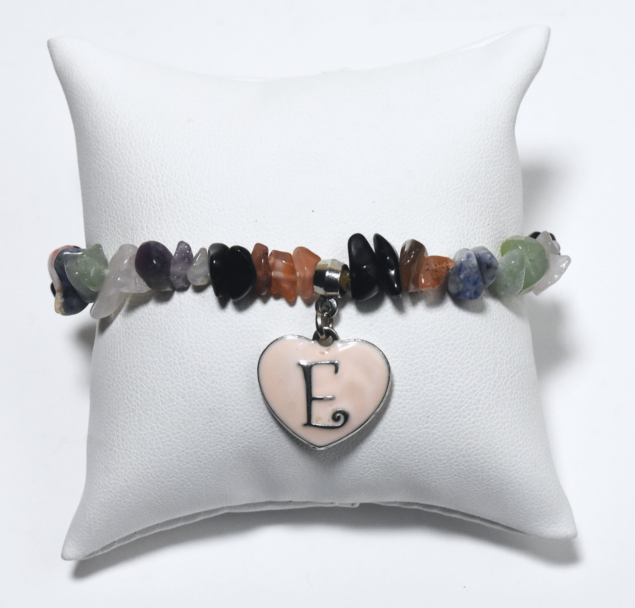 Letter "E" Pink Enamel Heart Charm Stretch Bracelet