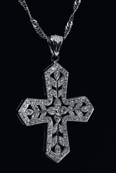 Lovely Edwardian Style Sterling Silver Cross Pendant on Rhodium Plated Twisted Rope Chain Necklace