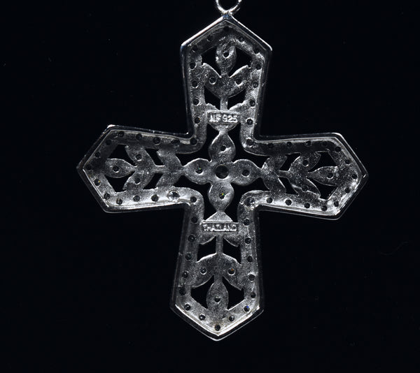 Lovely Edwardian Style Sterling Silver Cross Pendant on Rhodium Plated Twisted Rope Chain Necklace