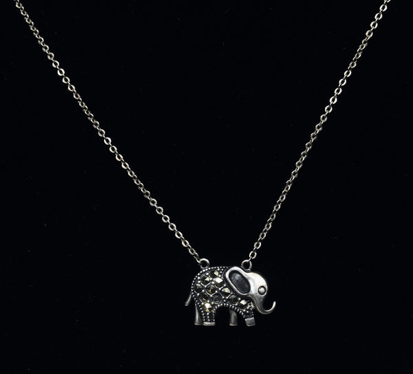 Sterling Silver Marcasite Elephant Pendant on Sterling Silver Chain Necklace