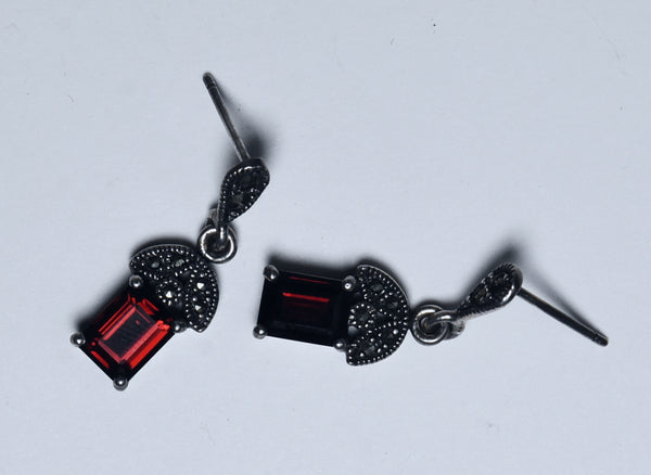 Emerald Cut Red Garnet and Marcasite Sterling Silver Earrings.