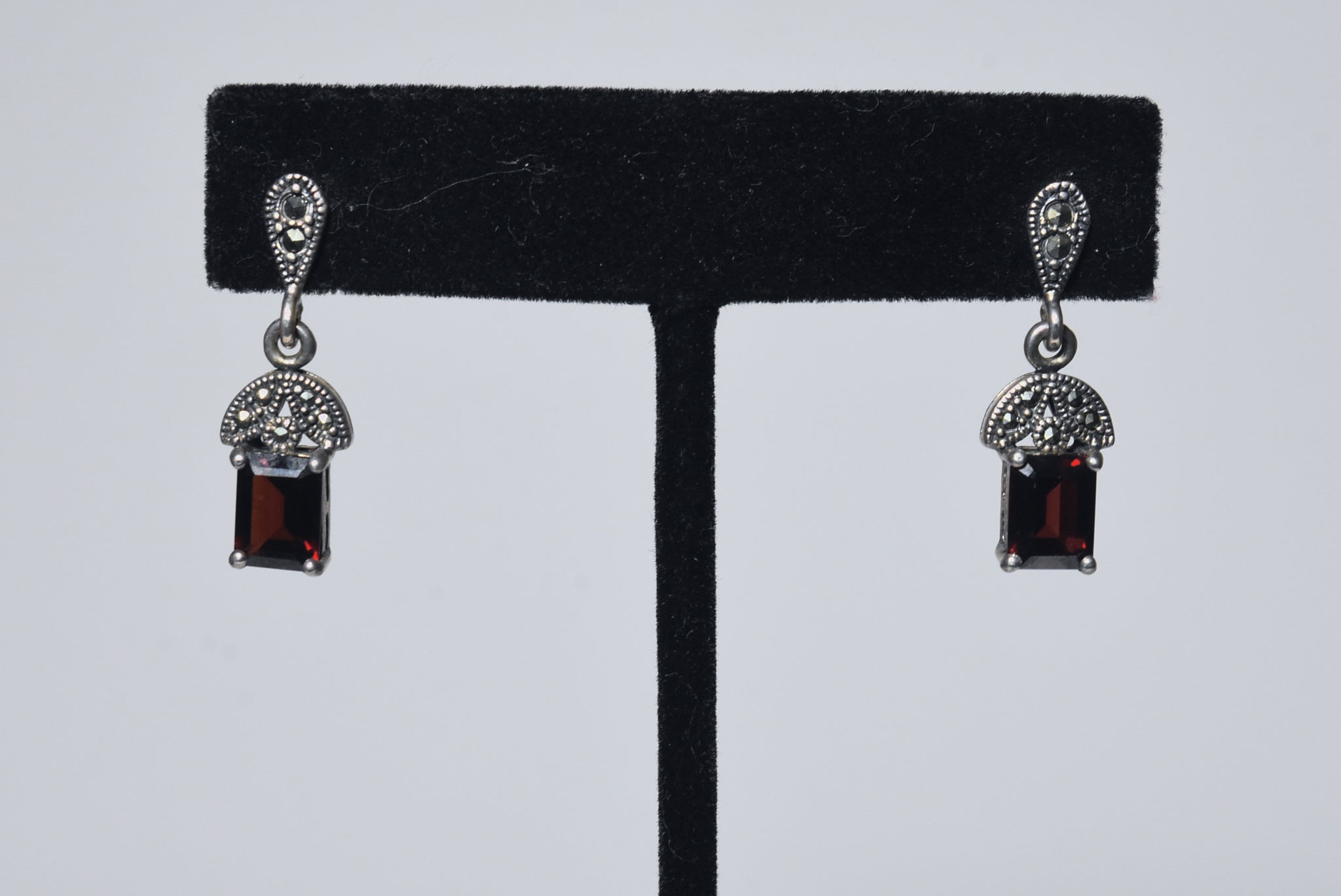 Emerald Cut Red Garnet and Marcasite Sterling Silver Earrings.