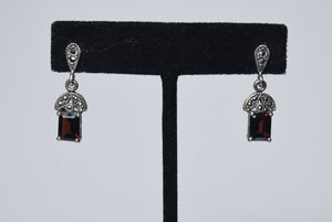 Emerald Cut Red Garnet and Marcasite Sterling Silver Earrings.