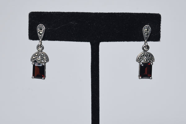 Emerald Cut Red Garnet and Marcasite Sterling Silver Earrings.