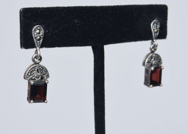 Emerald Cut Red Garnet and Marcasite Sterling Silver Earrings.