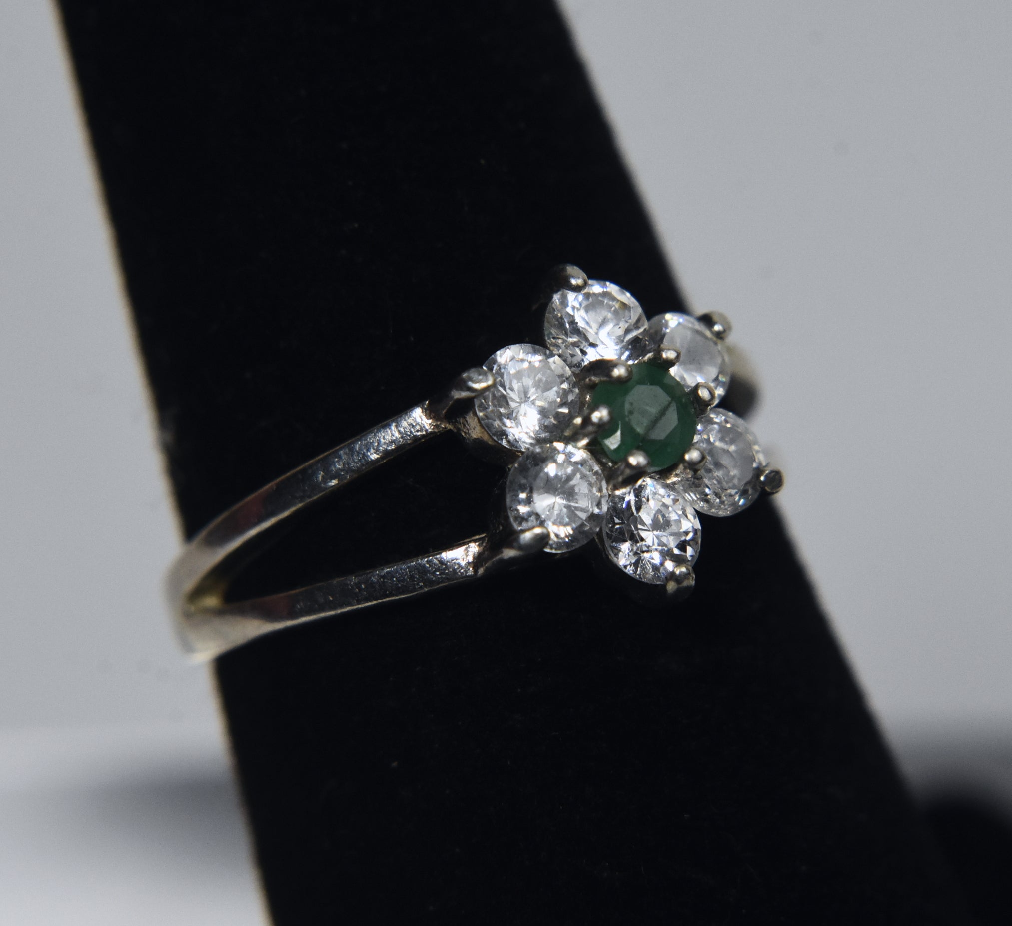 Sterling Silver Emerald and Colorless Topaz Flower Ring - Size 5.75