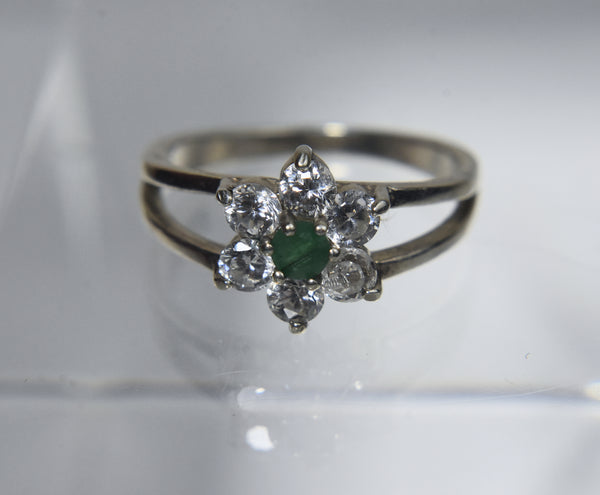 Sterling Silver Emerald and Colorless Topaz Flower Ring - Size 5.75
