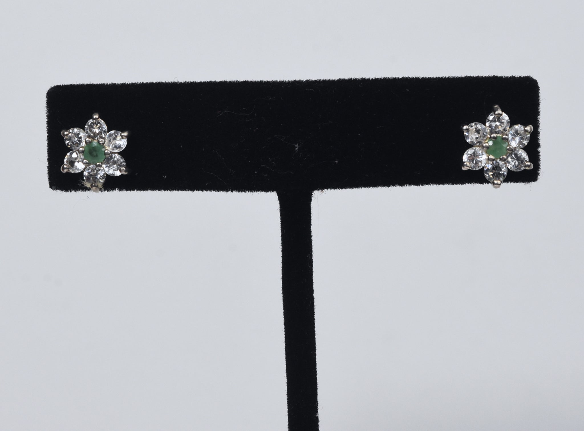 Emerald and Cubic Zirconia Flower Sterling Silver Stud Earrings