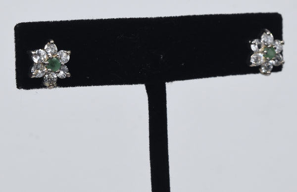 Emerald and Cubic Zirconia Flower Sterling Silver Stud Earrings