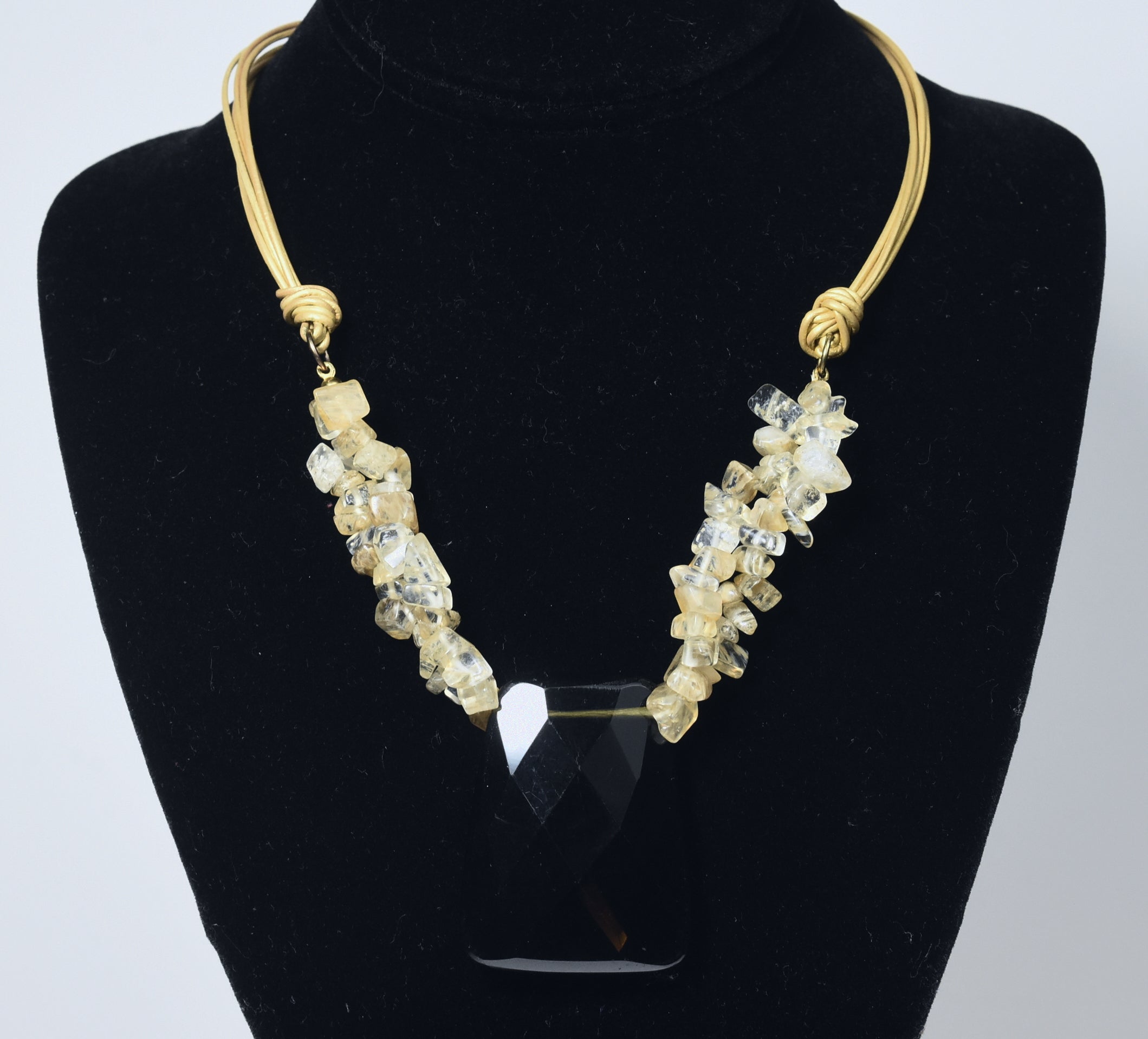 Multi-Strand Faux Golden Rutilated Quartz Nugget Bead Necklace with Faux Smoky Quartz Pendant