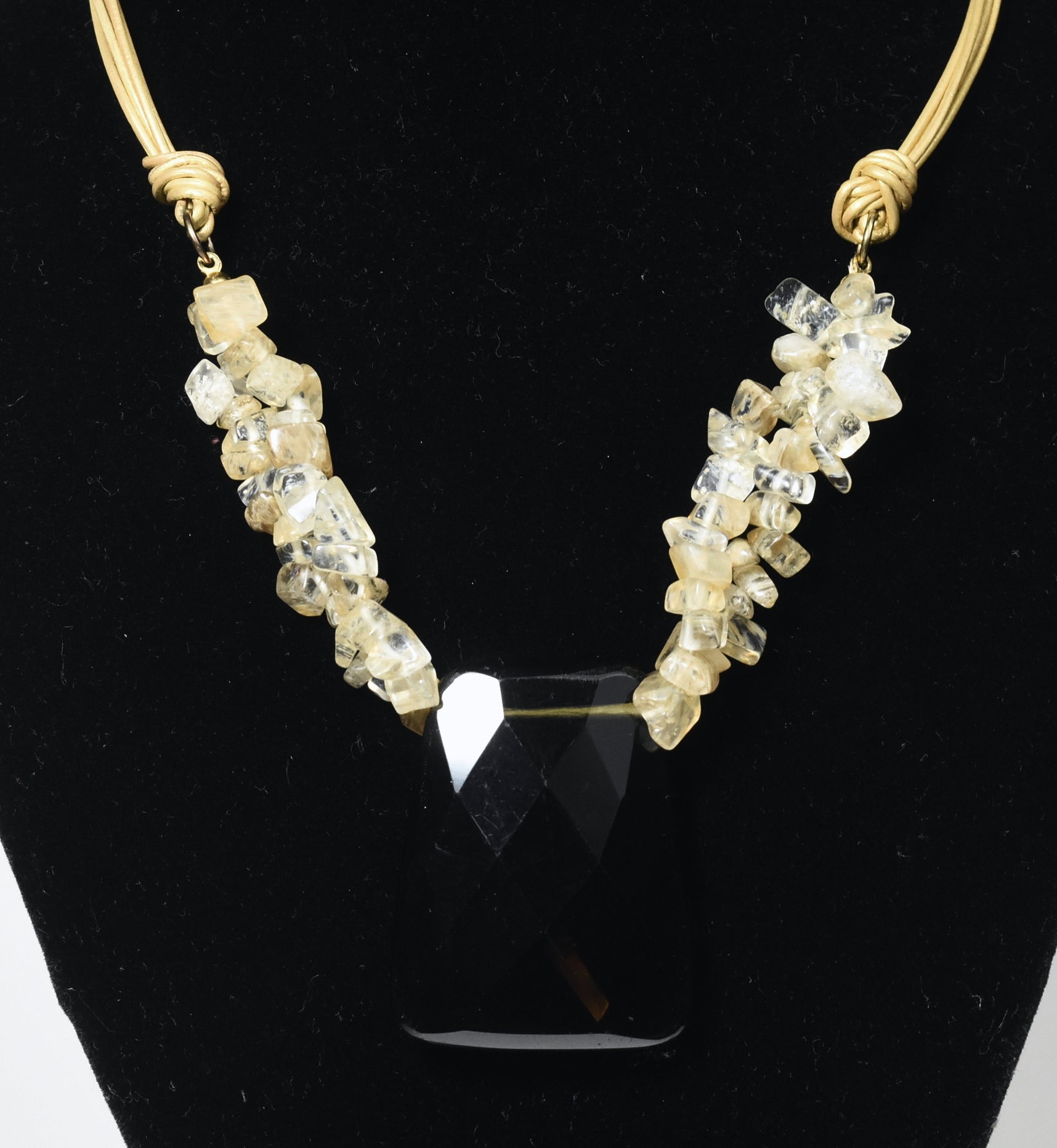 Multi-Strand Faux Golden Rutilated Quartz Nugget Bead Necklace with Faux Smoky Quartz Pendant
