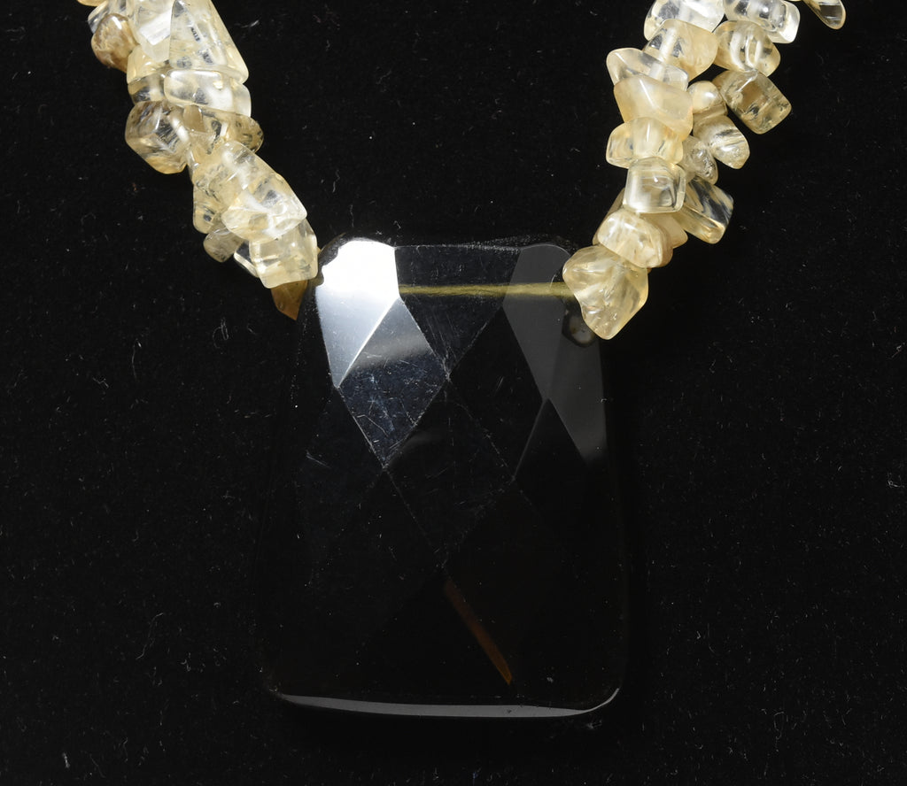 Multi-Strand Faux Golden Rutilated Quartz Nugget Bead Necklace with Faux Smoky Quartz Pendant