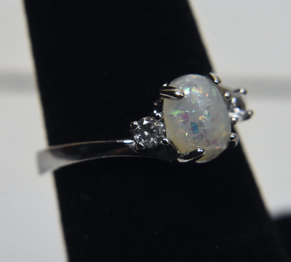 Sterling Silver Faux Opal Expandable Ring - Size 6.25+