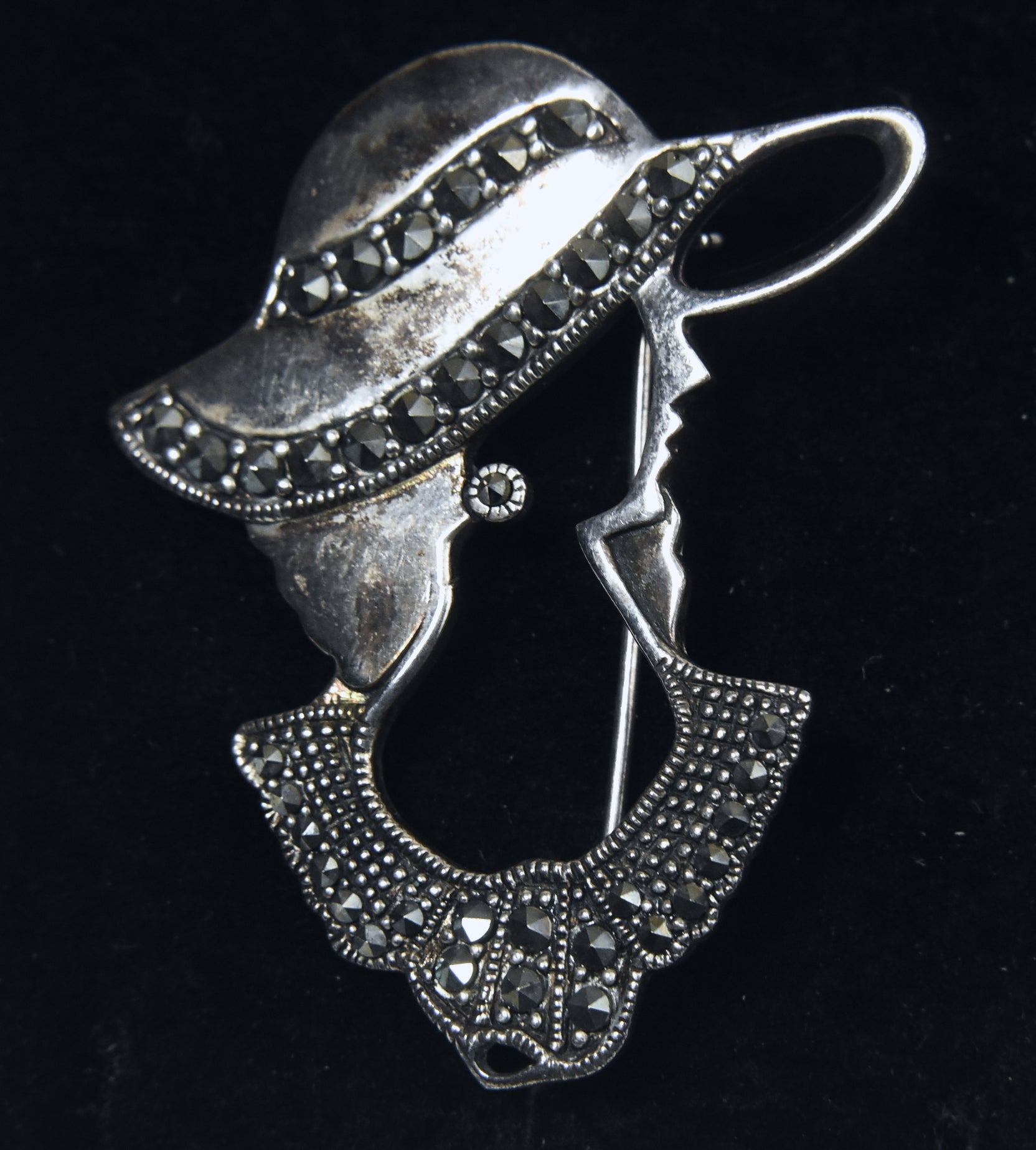 Vintage Sterling Silver and Marcasite Female with Hat Brooch