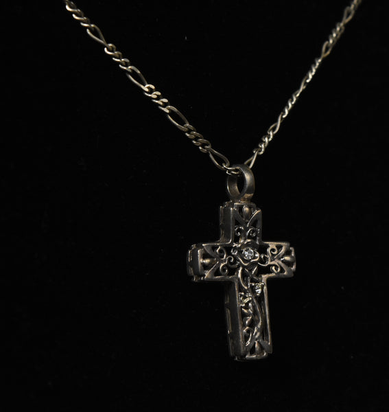 Vintage Sterling Silver Cross Pendant on Sterling Silver Figaro Link Necklace