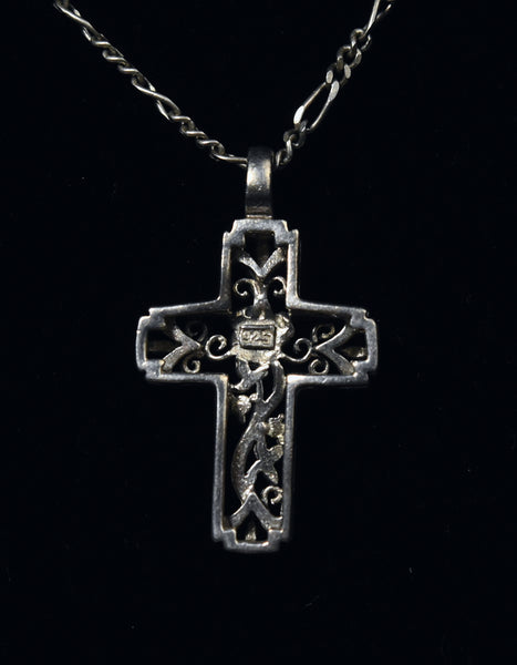Vintage Sterling Silver Cross Pendant on Sterling Silver Figaro Link Necklace