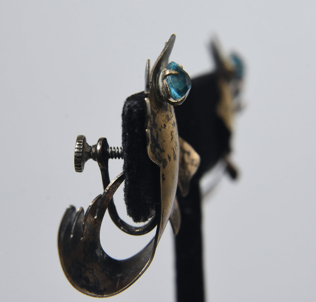 Handmade Vintage Sterling Silver Fish Screw Back Earrings