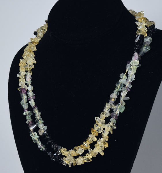 Fluorite, Citrine, Snowflake Obsidian Chip Bead Single Strand Opera Necklace