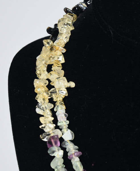 Fluorite, Citrine, Snowflake Obsidian Chip Bead Single Strand Opera Necklace