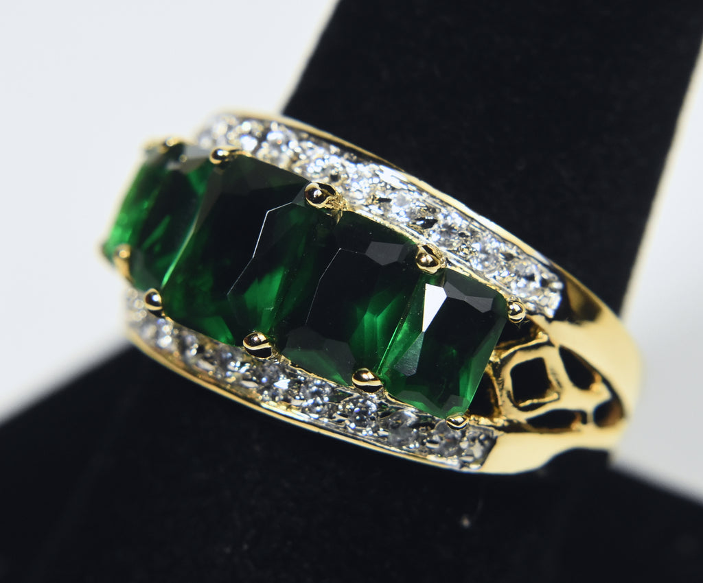Gold Tone Imitation Emerald Ring - Size 9.25