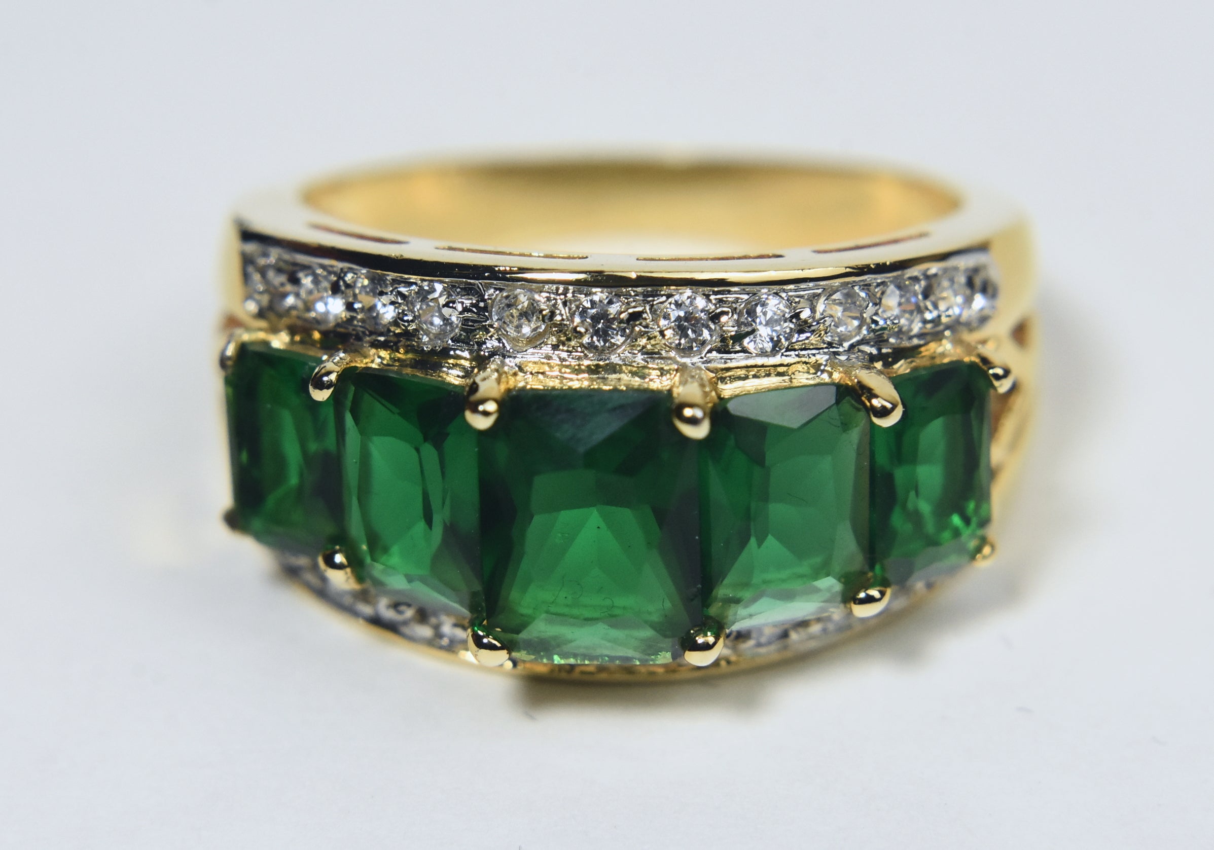 Gold Tone Imitation Emerald Ring - Size 9.25