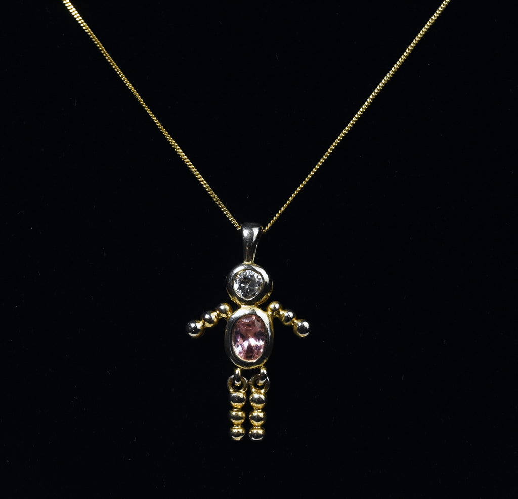 Gold Tone Sterling Silver Stick Figure Pendant on Gold Tone