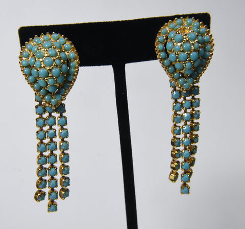 Vintage Gold Tone Faux Turquoise Tassel Clip On Earrings