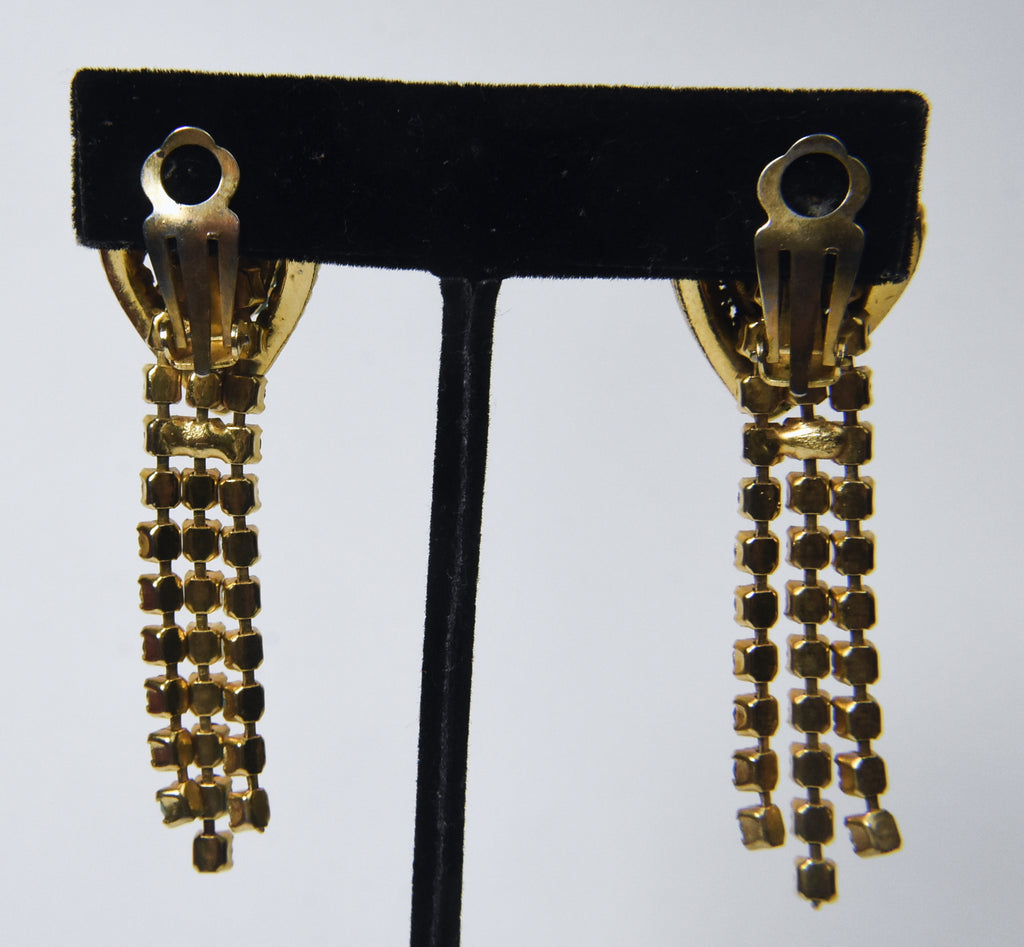 Vintage Gold Tone Faux Turquoise Tassel Clip On Earrings