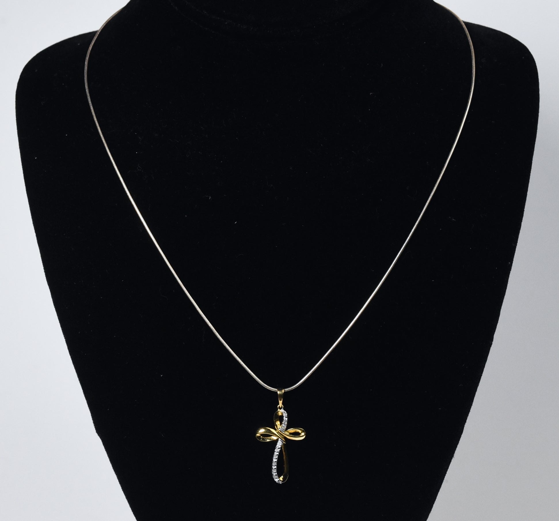 Gold Plated Sterling Silver Diamond Twisted Cross Pendant on Sterling Silver Chain Necklace