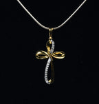 Gold Plated Sterling Silver Diamond Twisted Cross Pendant on Sterling Silver Chain Necklace
