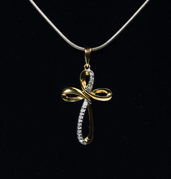 Gold Plated Sterling Silver Diamond Twisted Cross Pendant on Sterling Silver Chain Necklace