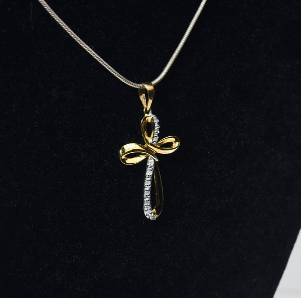 Gold Plated Sterling Silver Diamond Twisted Cross Pendant on Sterling Silver Chain Necklace