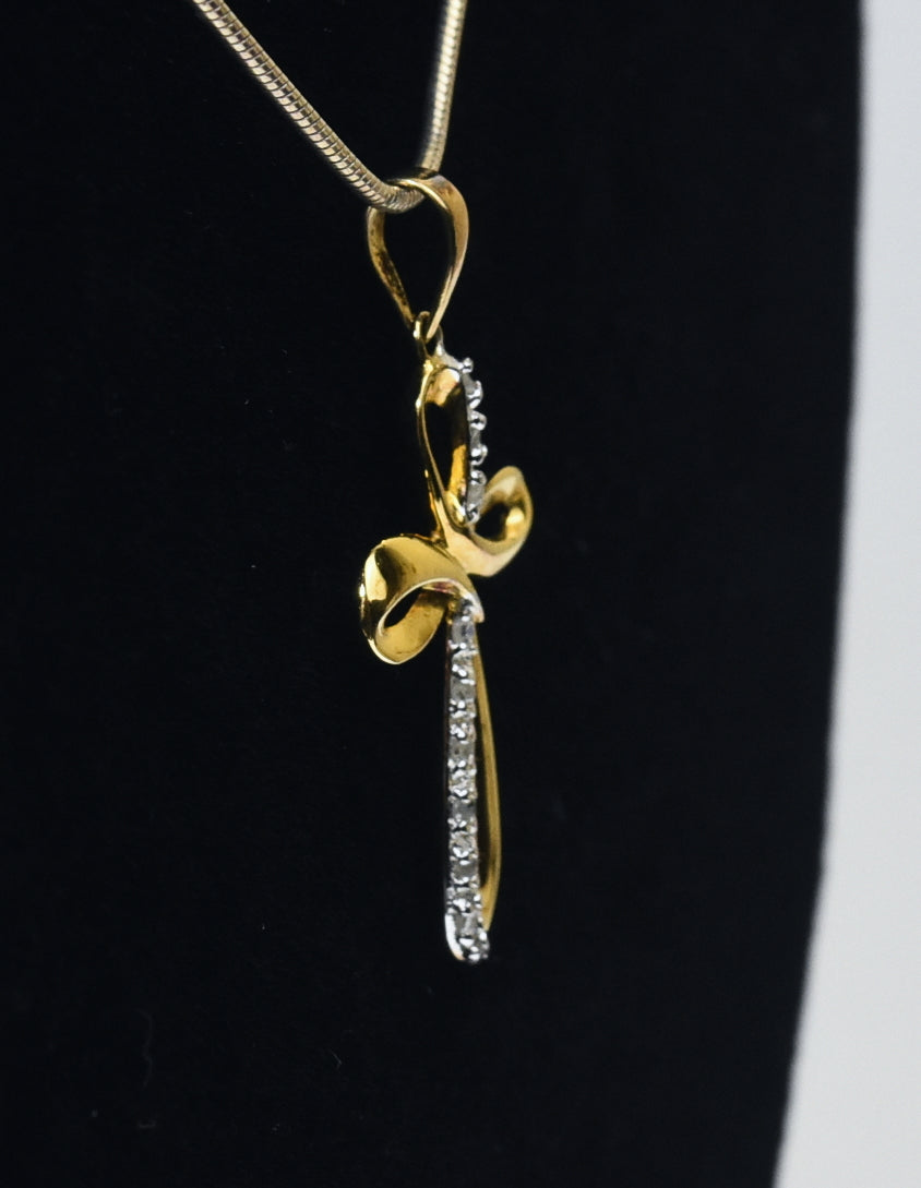 Gold Plated Sterling Silver Diamond Twisted Cross Pendant on Sterling Silver Chain Necklace