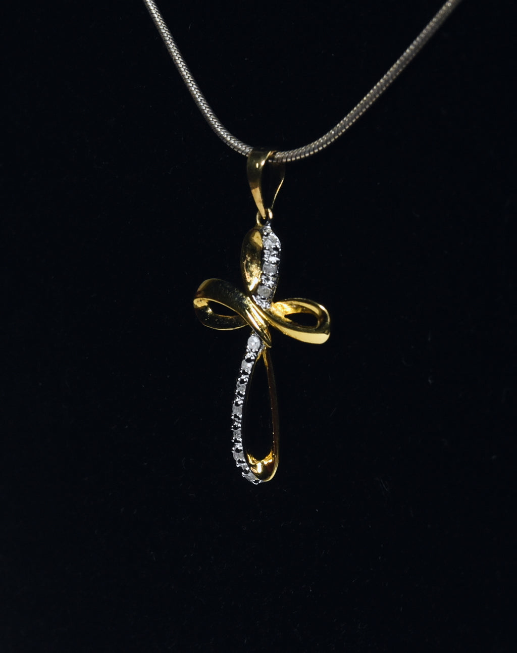 Gold Plated Sterling Silver Diamond Twisted Cross Pendant on Sterling Silver Chain Necklace