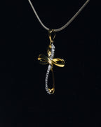 Gold Plated Sterling Silver Diamond Twisted Cross Pendant on Sterling Silver Chain Necklace