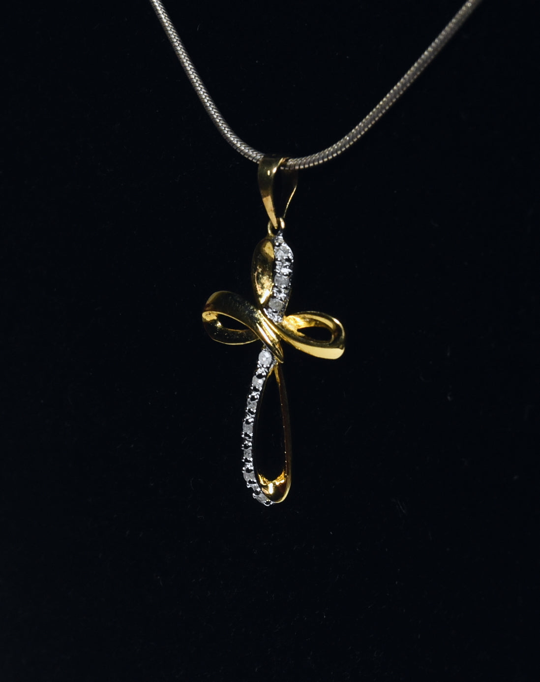 Gold Plated Sterling Silver Diamond Twisted Cross Pendant on Sterling Silver Chain Necklace