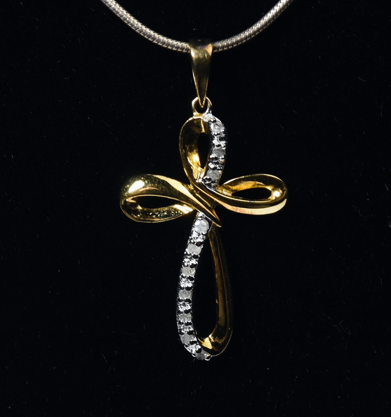 Gold Plated Sterling Silver Diamond Twisted Cross Pendant on Sterling Silver Chain Necklace