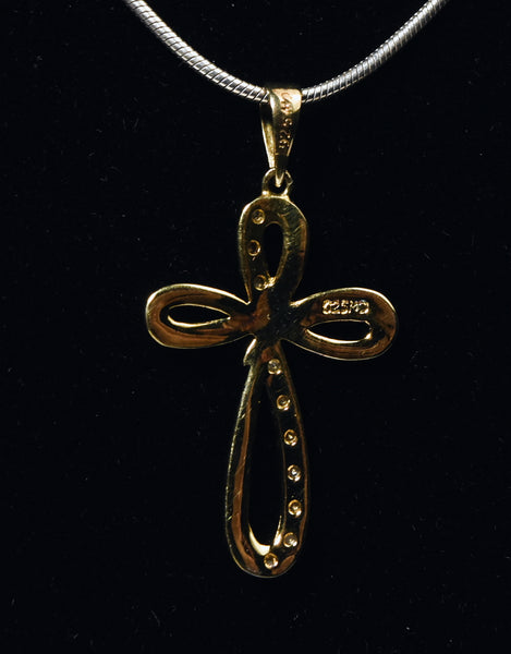 Gold Plated Sterling Silver Diamond Twisted Cross Pendant on Sterling Silver Chain Necklace