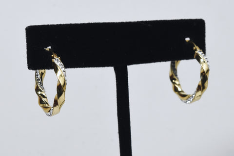 Gold Tone Sterling Silver Crystal Studded Twist Hoop Earrings