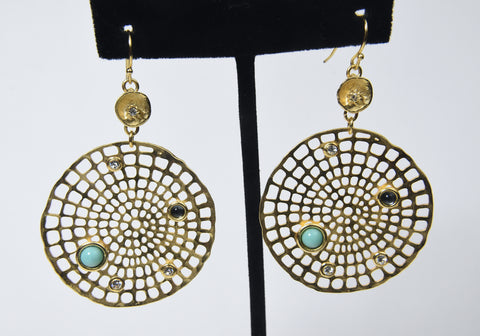 Gold Tone Turquoise and Crystal Web Earrings