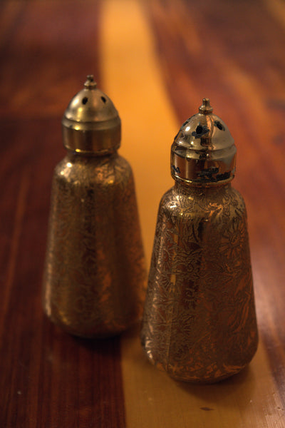Lotus - Vintage 22k Etched Design Glass Salt and Pepper Shakers