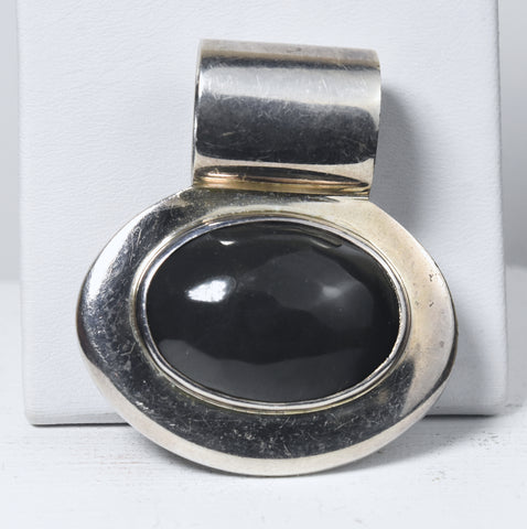 Heavy Sterling Silver Dark Gray Onyx Cabochon Mexican Pendant