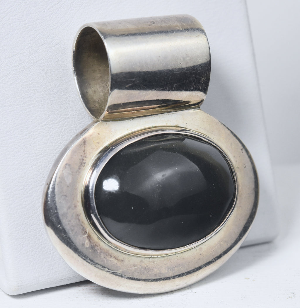Heavy Sterling Silver Dark Gray Onyx Cabochon Mexican Pendant