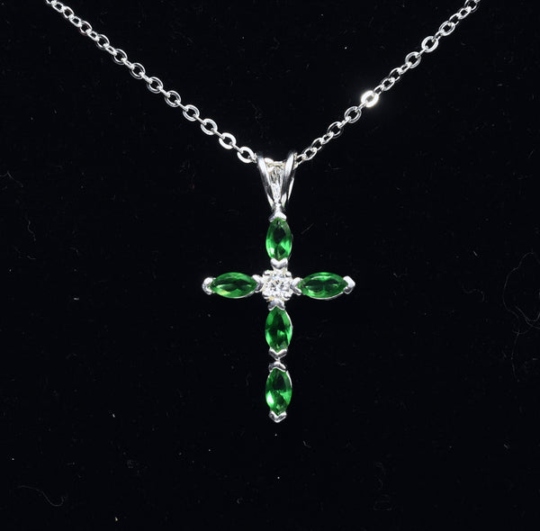 Sterling Silver Green and Clear Crystal Crucifix on Sterling Silver Chain Necklace - 19"